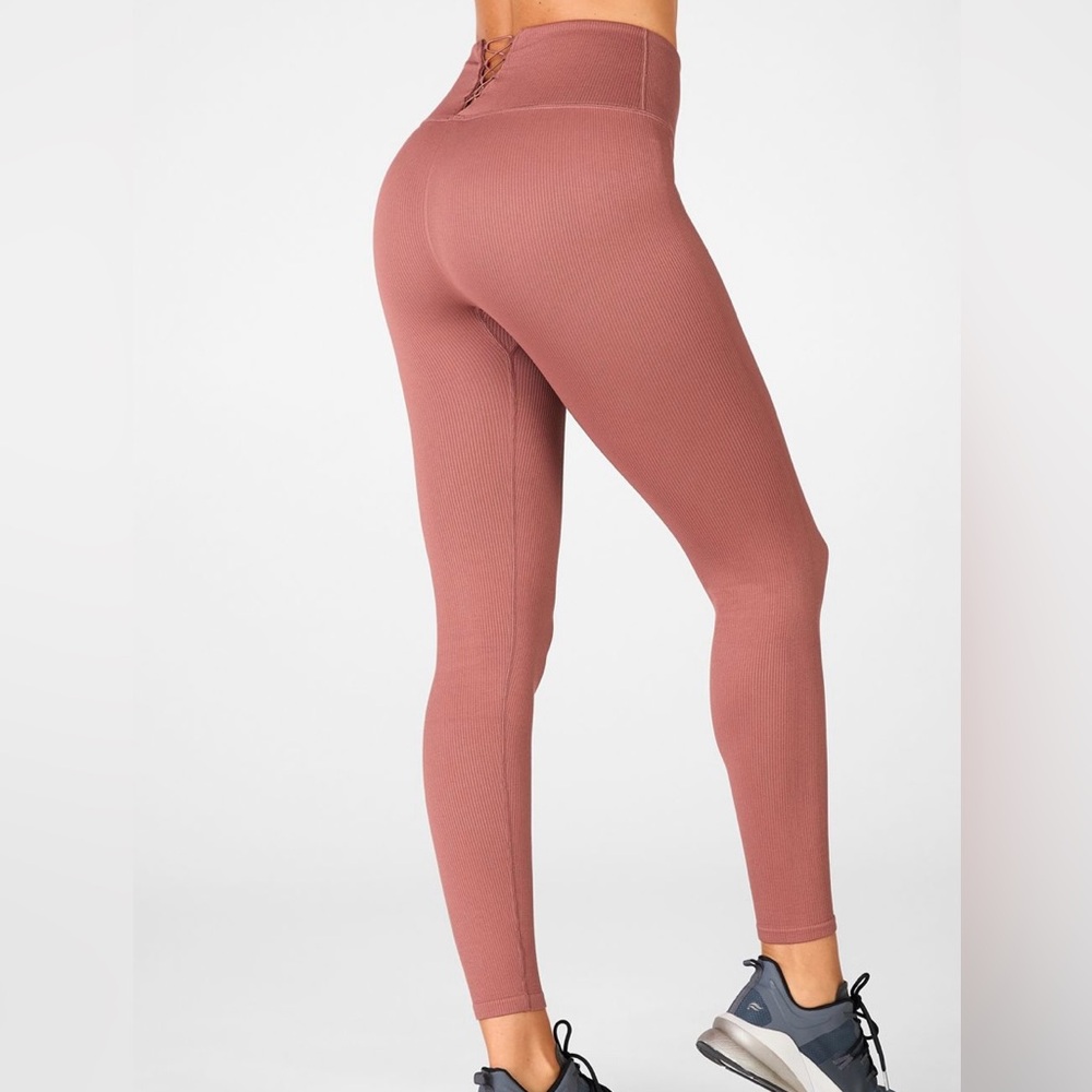 Fabletics High Waisted Seamless Lace-Up Cherry Mocha Ribbed Leggings Women Small